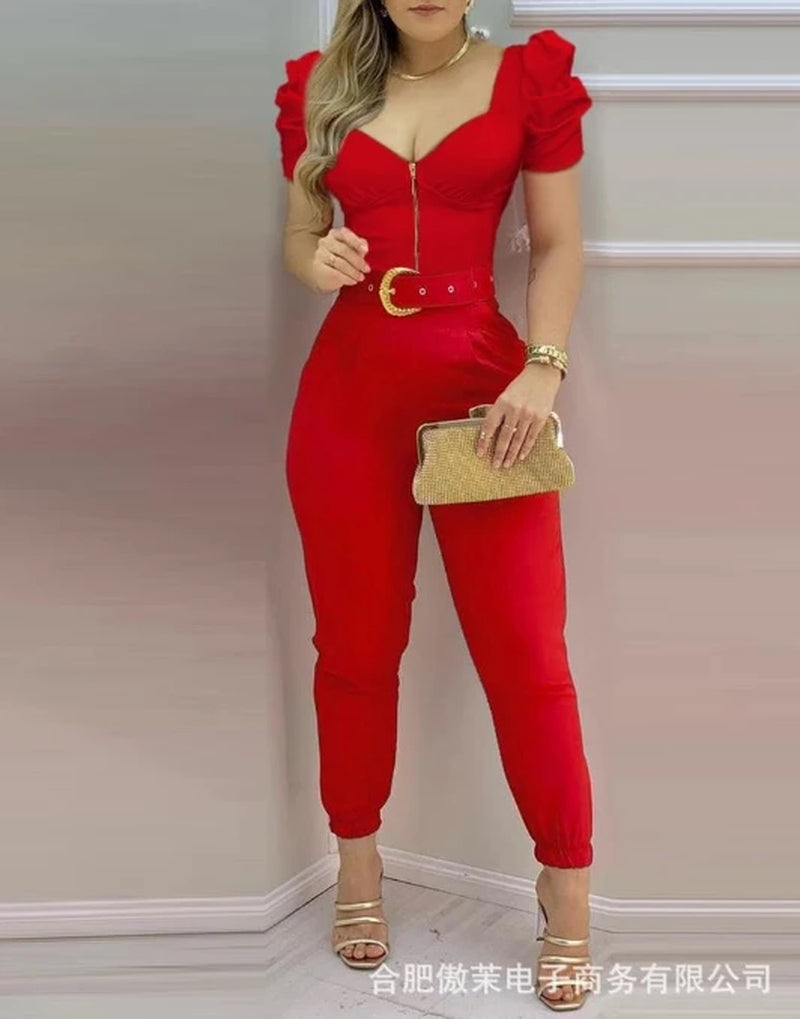Women'S Jumpsuit 2024 New Summer Female Clothing Elegant Street Trendsetters Solid Casual V-Neck Puff Sleeve High Waist Jumpsuit