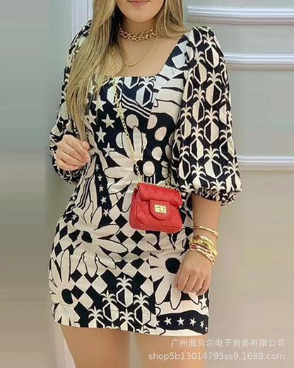 New Fashion 2024 Summer Casual Sexy Elegant Dresses for Women Black Printed Square Neck Dress Female Clothing Outfits